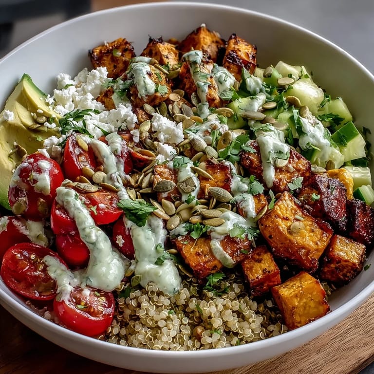 Colorful roasted sweet potatoes and fresh cucumber top this nourishing Customizable Grain Bowl for a healthy meal.