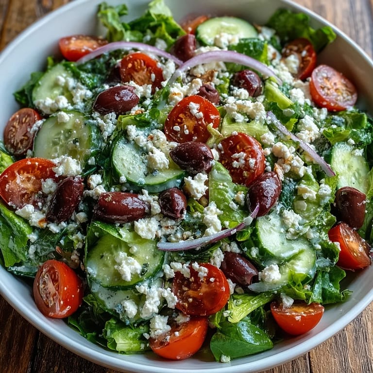 Fresh Mediterranean Green Salad Bowl drizzled with oregano dressing, featuring crunchy vegetables and creamy feta cheese.