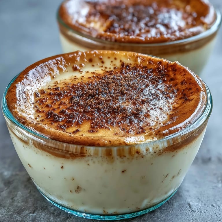 Earthy roasted green tea Hojicha Pudding in a ramekin, garnished with delicate tea leaves and a dollop of fresh cream.