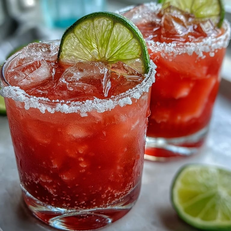 Close-up of a chilled Best Guava Margarita, sweating with condensation beside sliced limes and guava.
