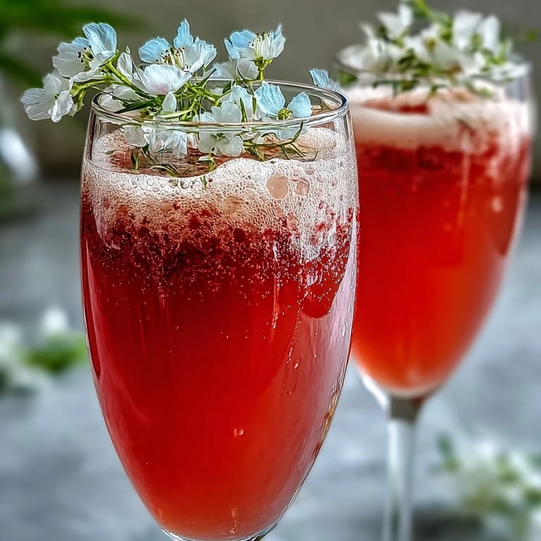 Pink Elderflower Guava Mimosa with fresh guava slice beside bottle.