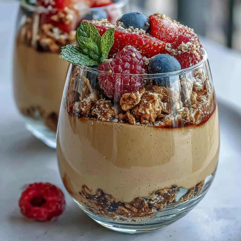 Hojicha Panna Cotta Parfait featuring silky vanilla-kissed cream, vibrant berries, and granola for a nutty crunch.