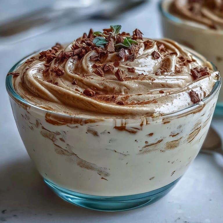 Elegant Hojicha Mousse served chilled in ramekins, garnished with cocoa nibs and fresh berries.