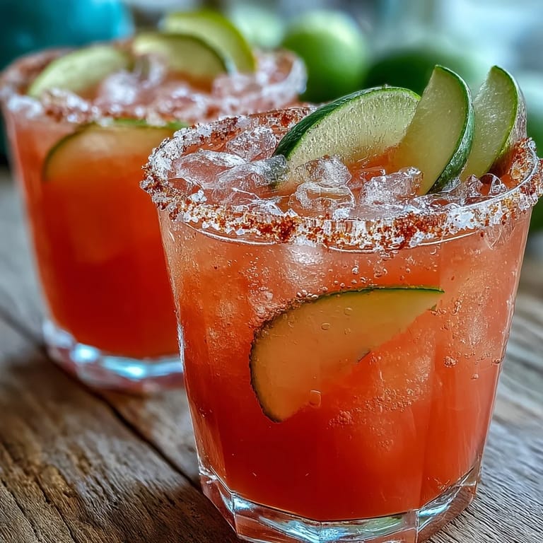 Two refreshing guava margaritas with Tajín rims and lime garnish on a wooden table.