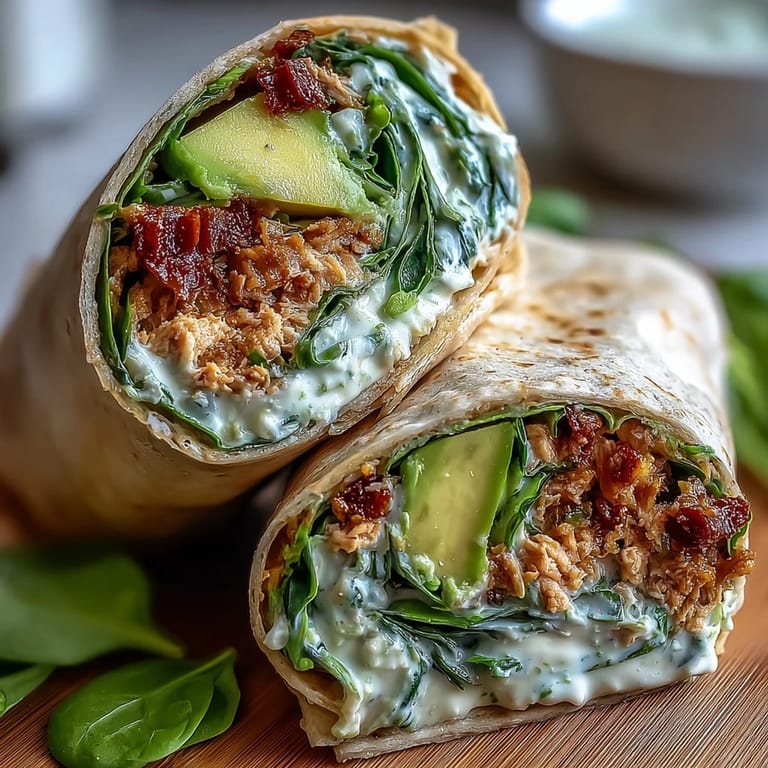 Creamy avocado blends with flaky tuna and crisp spinach in whole wheat tortillas, a nutritious and easy meal ready in minutes.