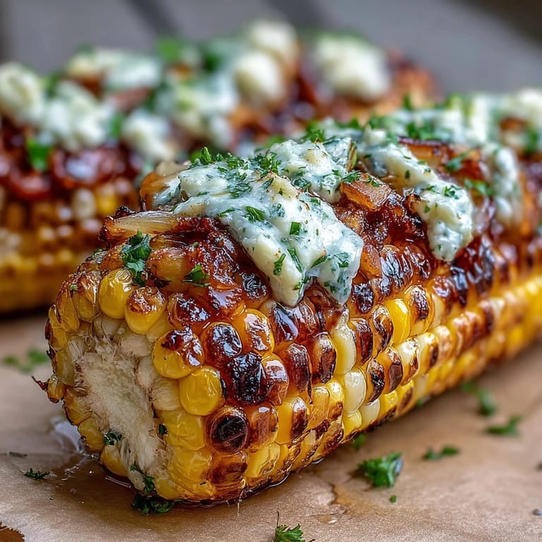 Close-up of golden grilled corn ears wrapped in foil and coated in melted herb butter.