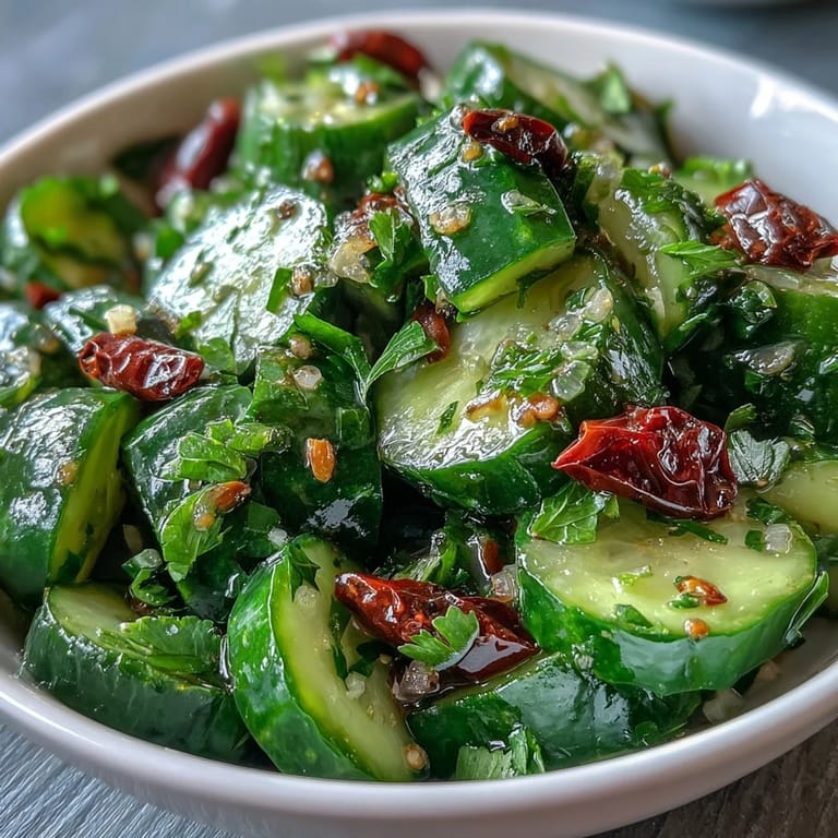 Crunchy smashed cucumbers tossed in a garlicky chili oil dressing, bursting with bold, spicy, and savory flavors. A vibrant vegan side.