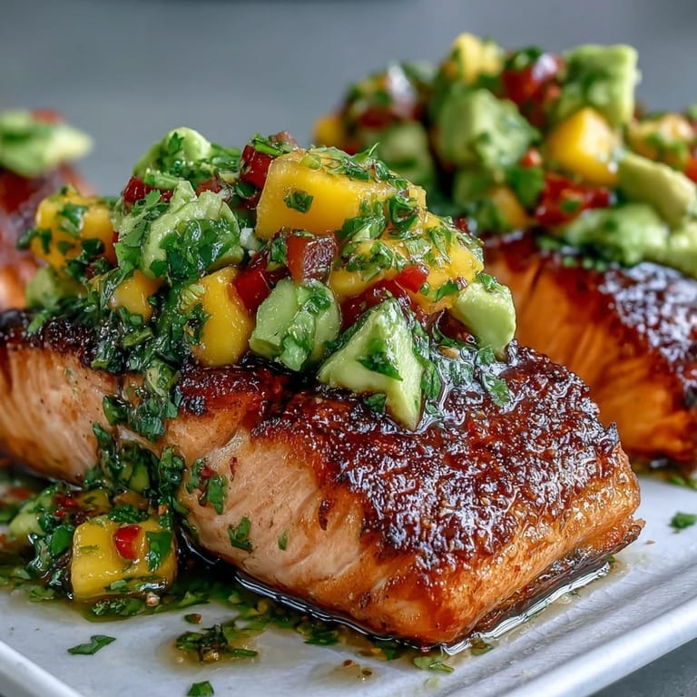 Tender baked salmon paired with bright mango avocado salsa, ideal for a quick and nutritious dinner.