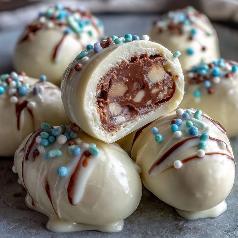 Festive Easter eggs filled with smooth peanut butter and coated in luscious white chocolate, decorated with vibrant sprinkles for a sweet springtime treat.