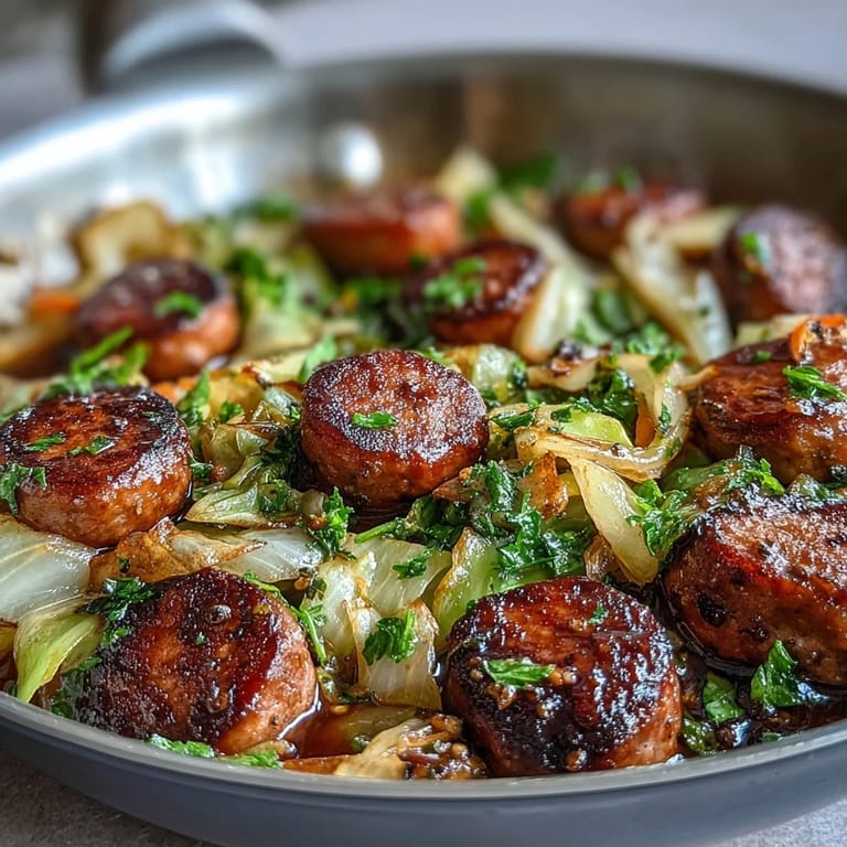 Flavorful cabbage and sausage skillet, featuring tender cabbage, smoky sausage, and a hint of caraway seeds.