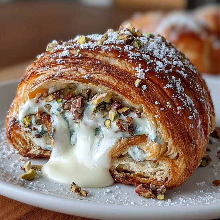 Golden-baked croissant bursting with sweet pistachio cream filling, garnished with crunchy pistachios for a decadent bakery-style delight.