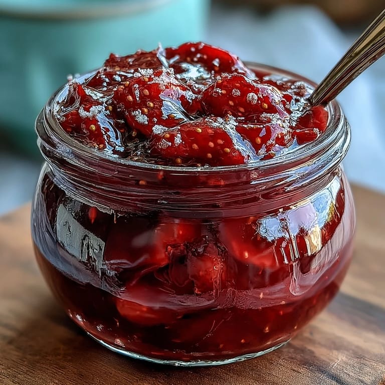 Charming cottagecore strawberry jam made from ripe berries, gently simmered to a rich, sweet preserve ideal for rustic breakfasts or gifting.