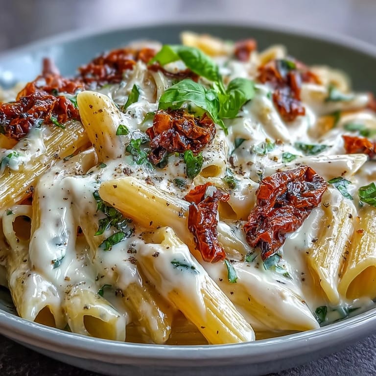 Velvety, rich Marry Me Pasta, featuring sun-dried tomatoes and basil garnish.