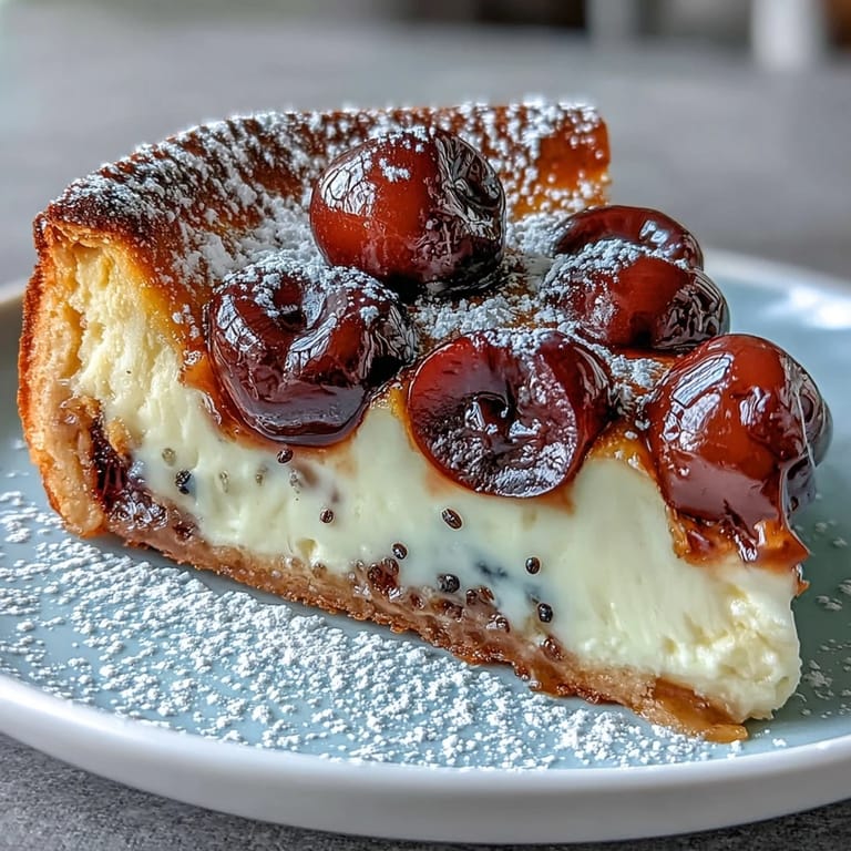 Warm Fresh Cherry Clafoutis dusted with powdered sugar, ready for serving.