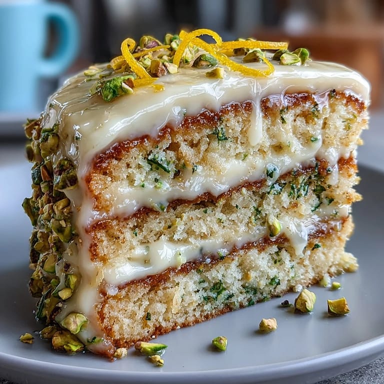 Festive Spring Birthday Lemon Pistachio Layered Cake, ready for delightful celebration slices.
