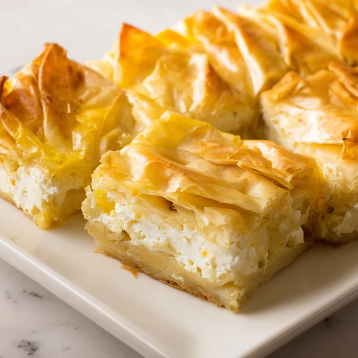 Golden, flaky Serbian Gibanica pie showing layers of cheese filling baked until bubbly and browned.