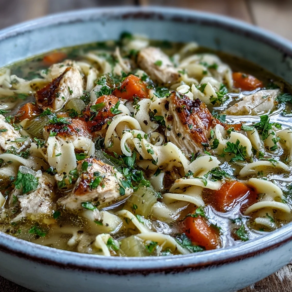 A steamy bowl of classic Chicken Noodle Soup with tender chicken and bright vegetables.