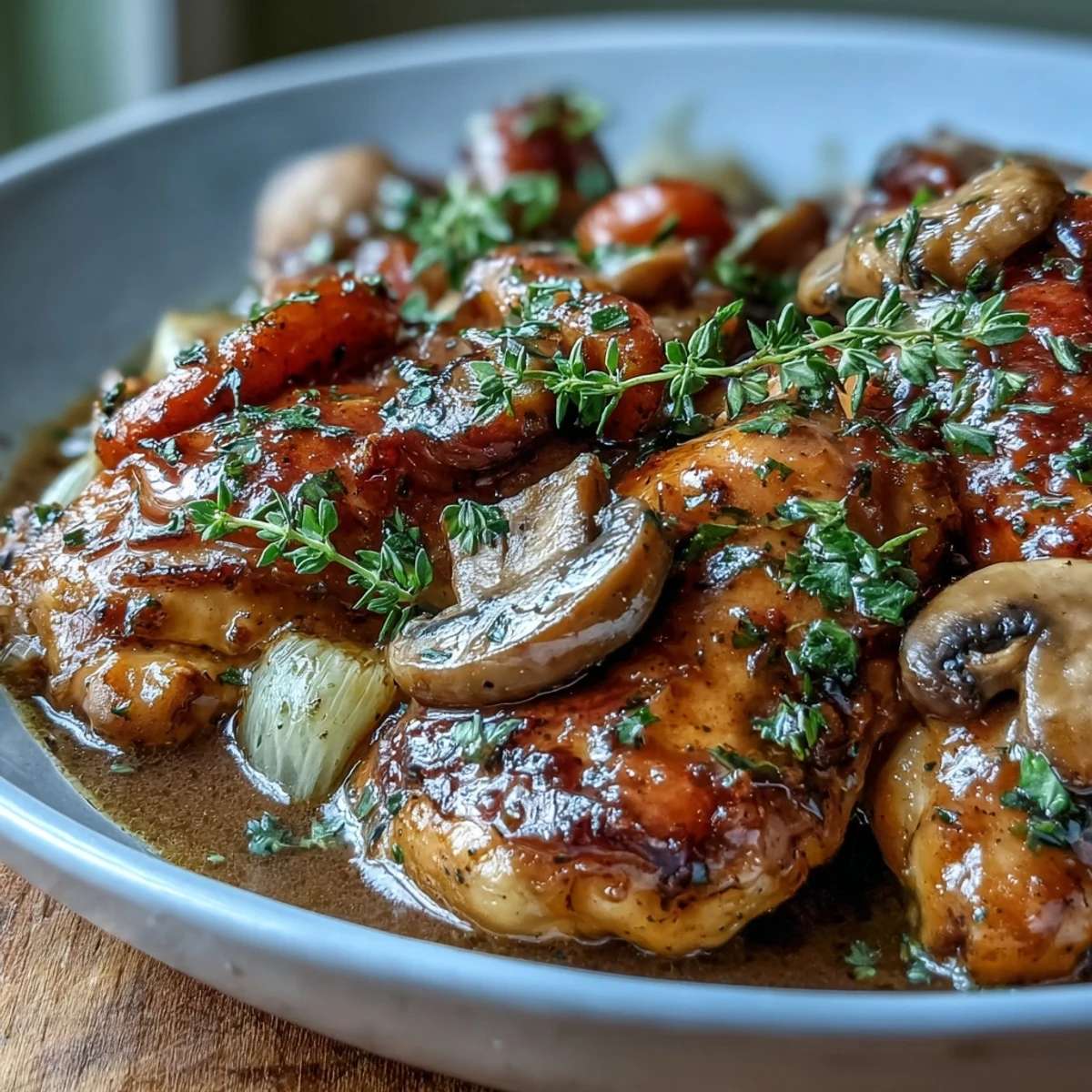 Golden brown chicken pieces braised in rosé wine with mushrooms and cream, served over buttered potatoes with fresh parsley.