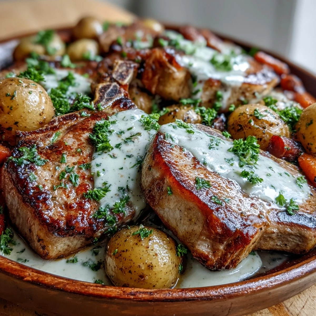 Golden-seared Crockpot Ranch Pork Chops in creamy gravy with tender potatoes and carrots.