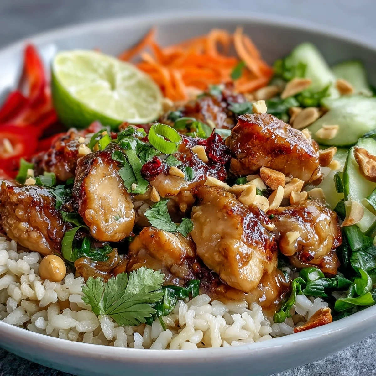 Thai Peanut Chicken Bowl with tender chicken and coconut rice, topped with crisp veggies and spicy peanut sauce.