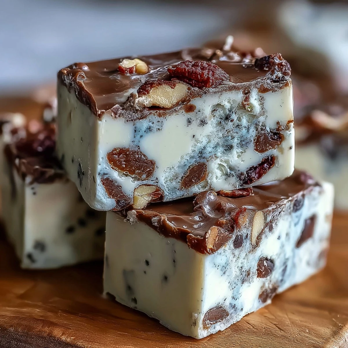 Glossy Hojicha Nougat pieces studded with chopped almonds and pistachios on a marble surface.