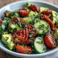 Fresh cucumber tomato avocado salad with lemon dressing, a vibrant mix of crisp vegetables and creamy avocado in a tangy citrus vinaigrette.