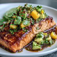 Baked salmon with mango avocado salsa, a vibrant summer dish topped with fresh, zesty fruit salsa.  