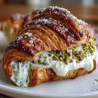 Flaky croissant filled with rich pistachio cream, topped with chopped nuts and powdered sugar for a luxurious treat.