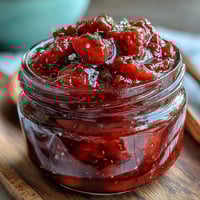 Homemade strawberry jam with bright red fruit and glossy texture, perfect for spreading on warm toast or fresh scones.