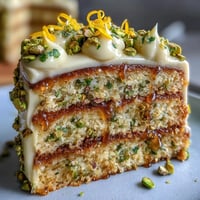 Bright Spring Birthday Lemon Pistachio Layered Cake with creamy frosting and crunchy pistachios.