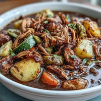Hearty Kentucky Derby Burgoo Stew brimming with tender meats and vegetables.