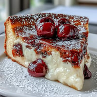 Golden baked Fresh Cherry Clafoutis glistening with sweet, juicy cherries.