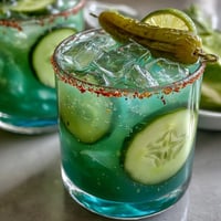 Viral Pickle Margarita Mocktail: Tangy, zesty drink with spicy jalapeño rim awaits.